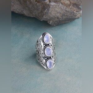 Moonstone Solid 925 Sterling Silver 3 Stone Ring